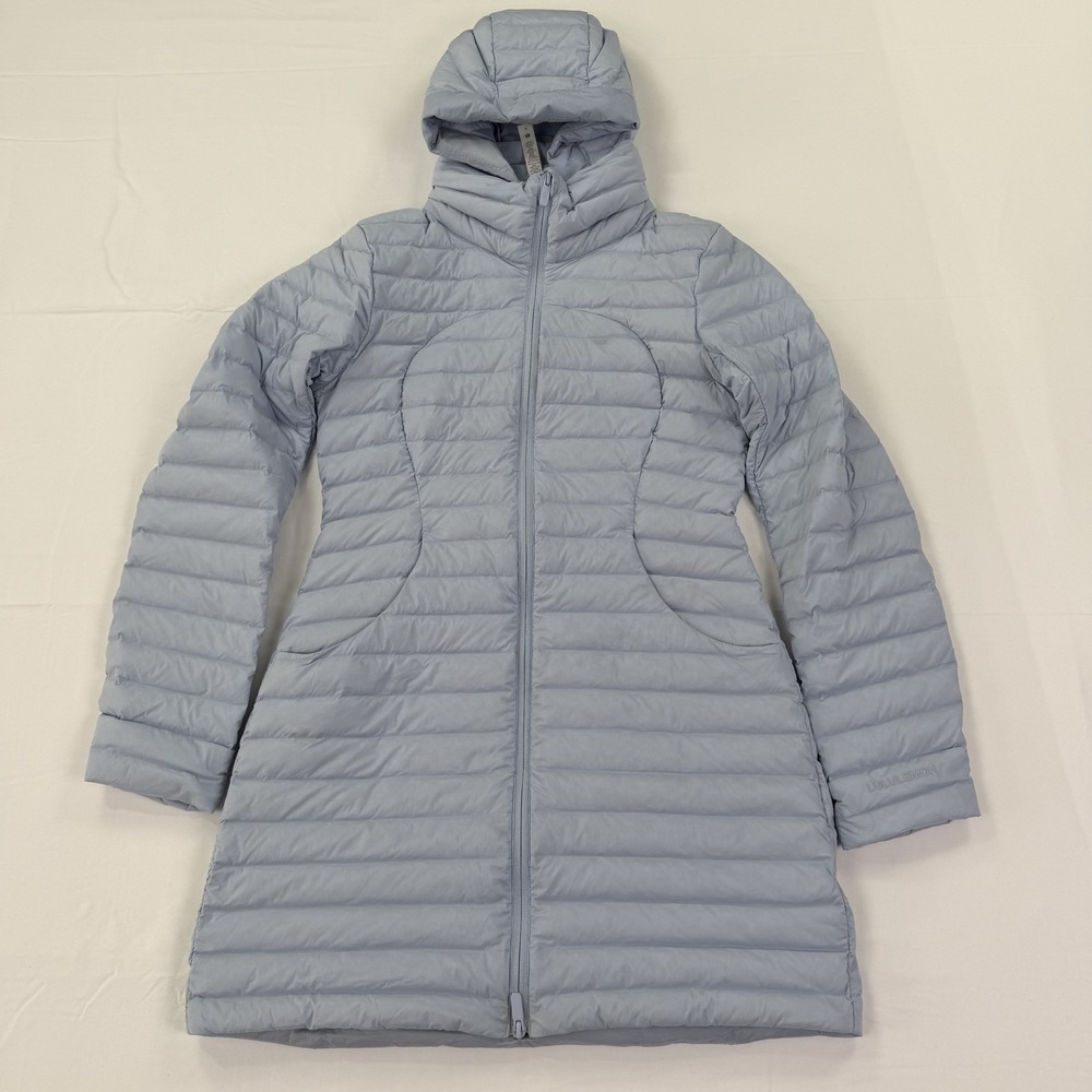 Lululemon Pack It Down Long Jacket Womens Size 8 Blue Linen 700 Fill Down Puffer